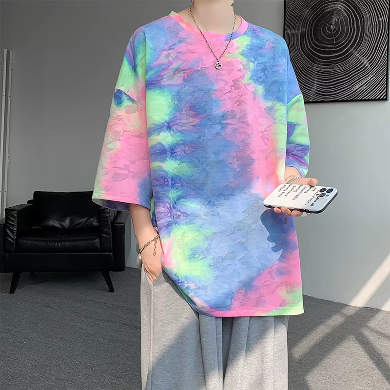 Y2k Tie-Dye T-shirt pour hommes coréen Streetwear 2025 été à manches courtes T-shirt hauts col rond 