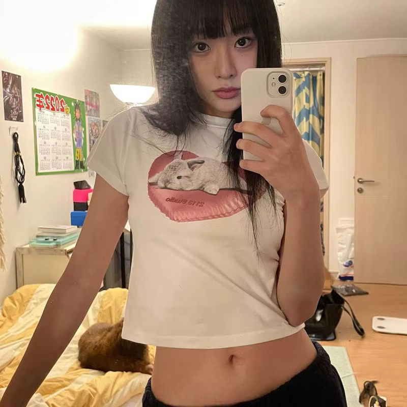 Karr233-T-shirt à manches courtes avec lapin imprimé, streetwear doux, à la mode coréenne, kpop kawa