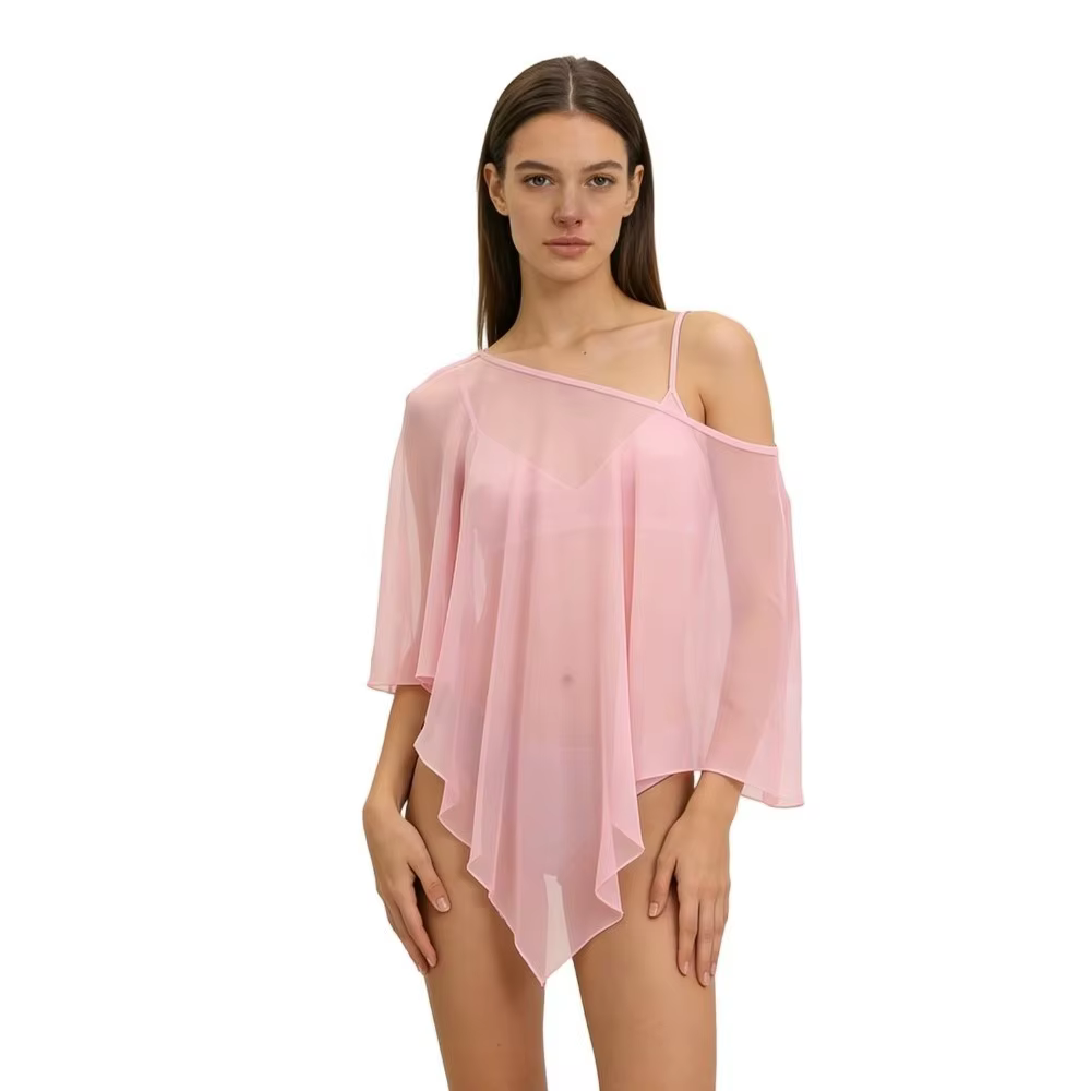 T-shirt asymétrique pour femme, couleur unie, respirant, poncho transparent, ourlet irrégulier, col