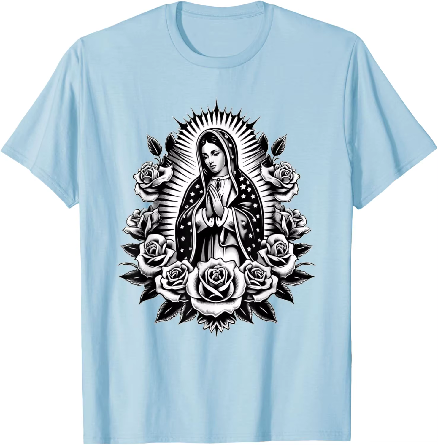 Vierge Marie Guadalupe Roses T-Shirt graphique religieux catholique Virginita imprimé fleuri T-Shirt
