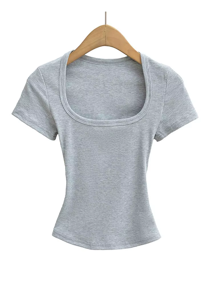 Col carré haute Stretch été culture hauts femmes à manches courtes hauts Sexy pull sommets Blouses m