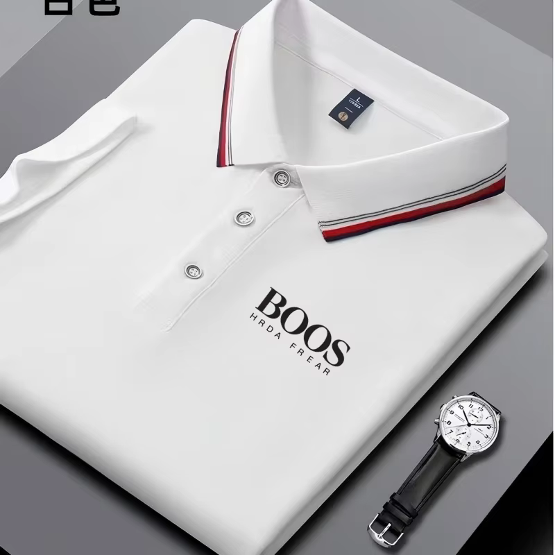 Polo homme business casual à col rayé et imprimé lettres, tissu respirant à manches courtes, matière