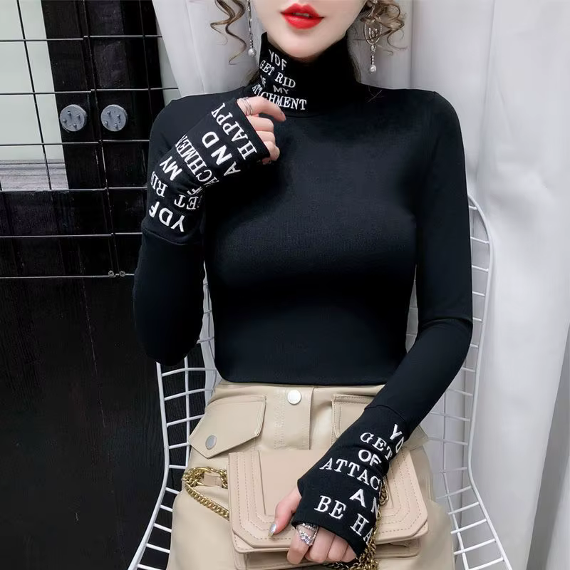 T-shirt à manches longues et col roulé en coton pour femme, vêtement moulant et de luxe, de haute qu