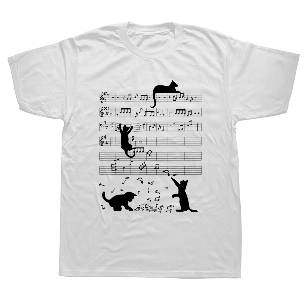 T-shirt pour homme : imprimé amusant 100 % coton pur – motif chat, note musicale et piano – coupe am
