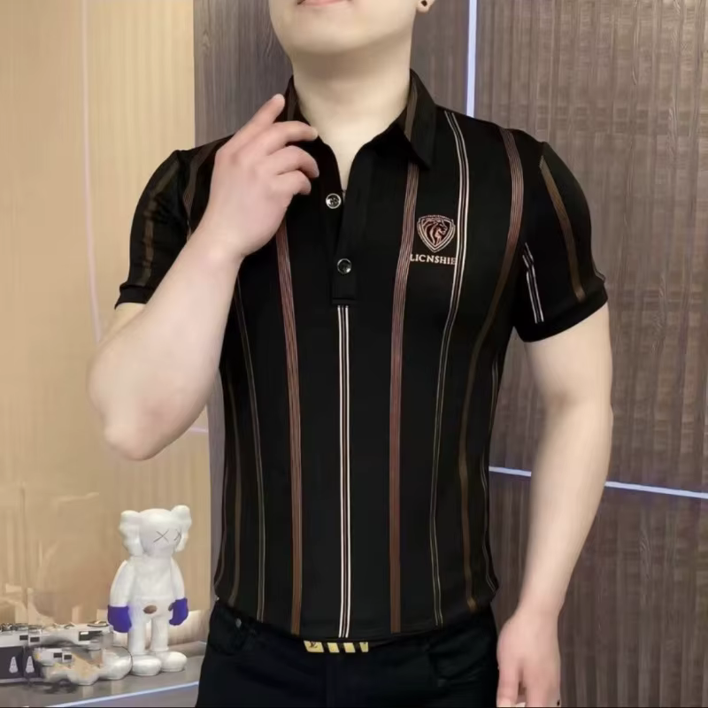 T-shirt Homme Été 2025 à Manches Courtes, Coupe Slim Tendance, Col Montant, Demi-Zip, en Soie Glacée