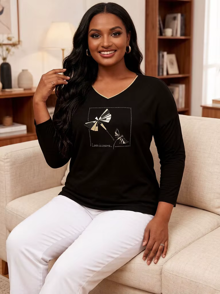 T-shirt basique pour femme, noir, col en V, manches longues, imprimé nœud, détail strass, coupe ajus
