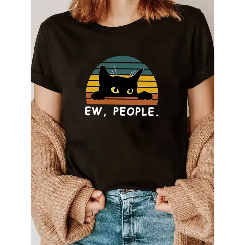 T-shirt à manches courtes en coton 100% pour femme, col rond, imprimé chat, tendance décontractée, h