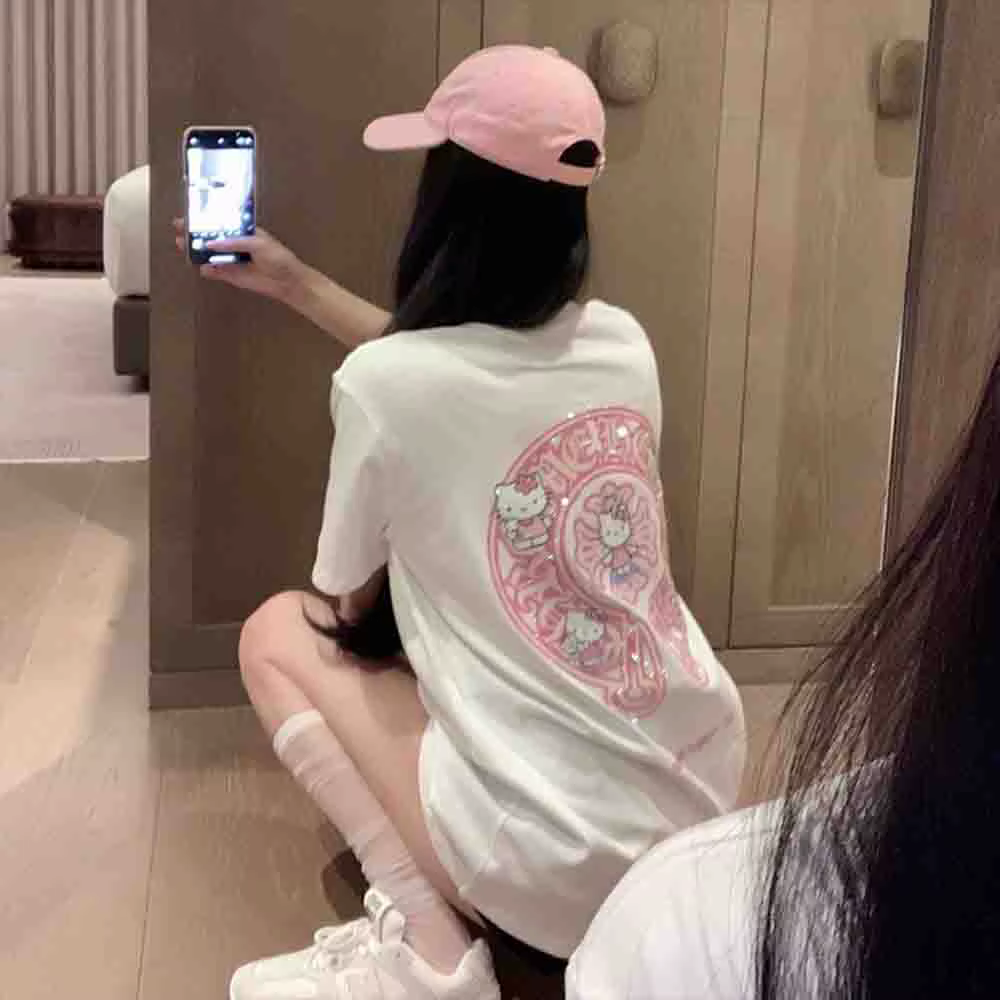 T-shirt à manches courtes pour femme Hello Kitty, orné de strass étincelants, col rond, imprimé dess