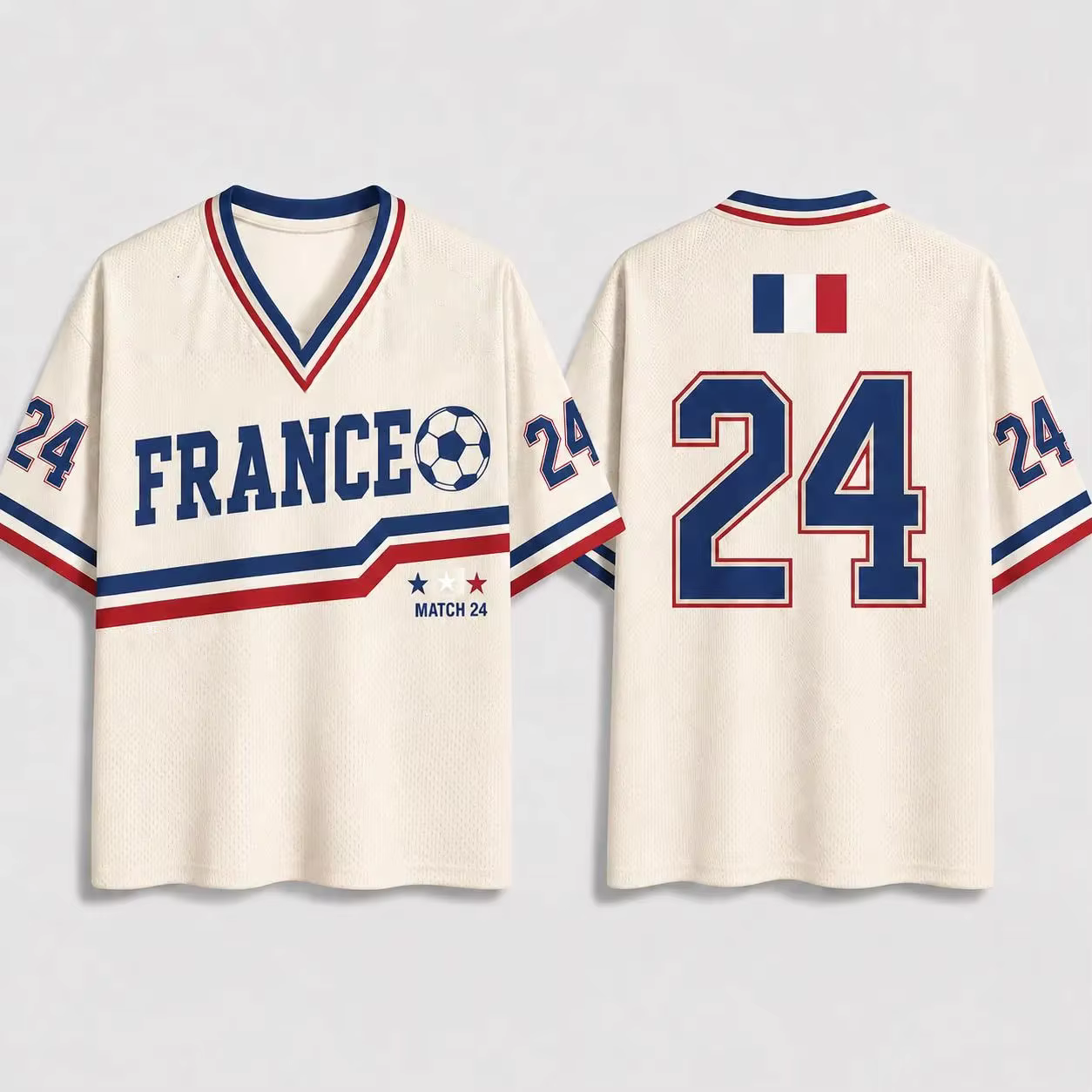 Maillot de football France 24 rétro, col en V, manches courtes, t-shirt respirant, uniforme sportif,