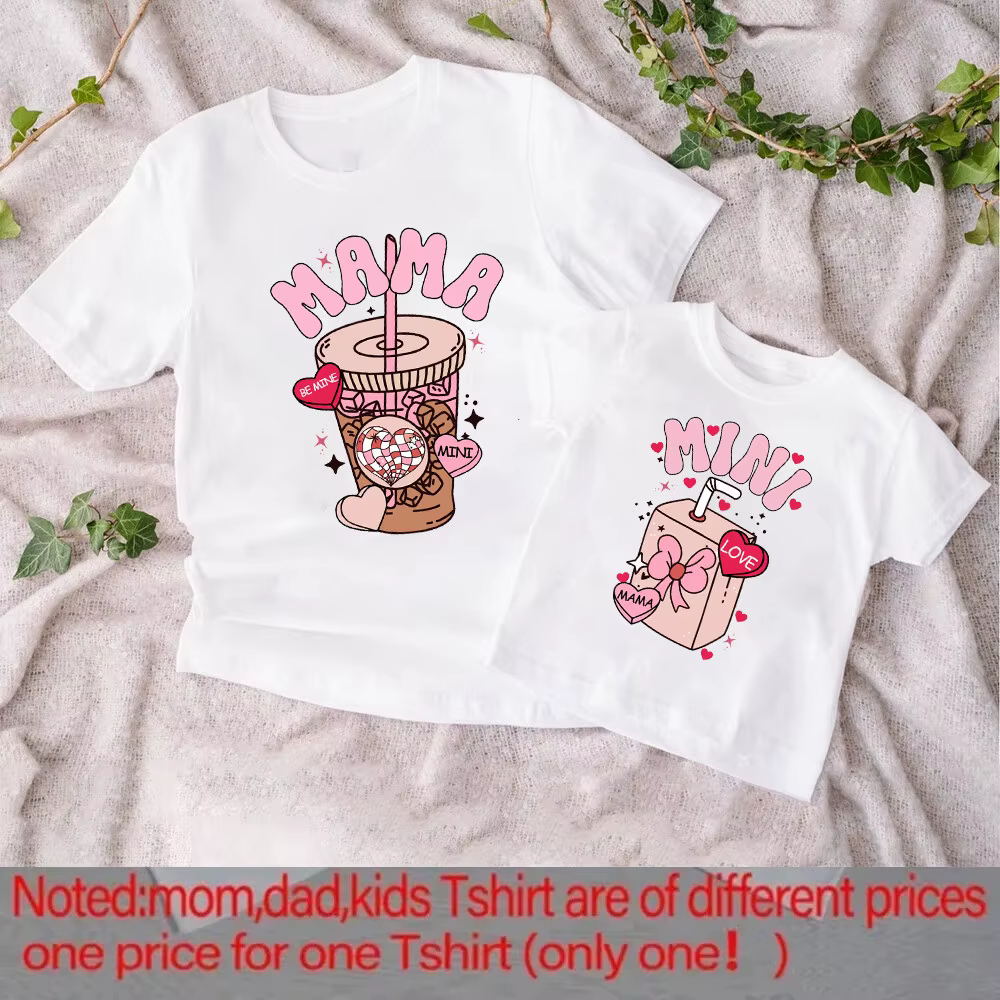 T-shirt imprimé Mama Mini Coffee Milk pour filles, tenue assortie, tee-shirt pour la famille, la col