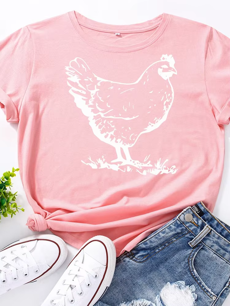 T-shirt manches courtes col rond femme, estival et jetable, avec impression poule blanche