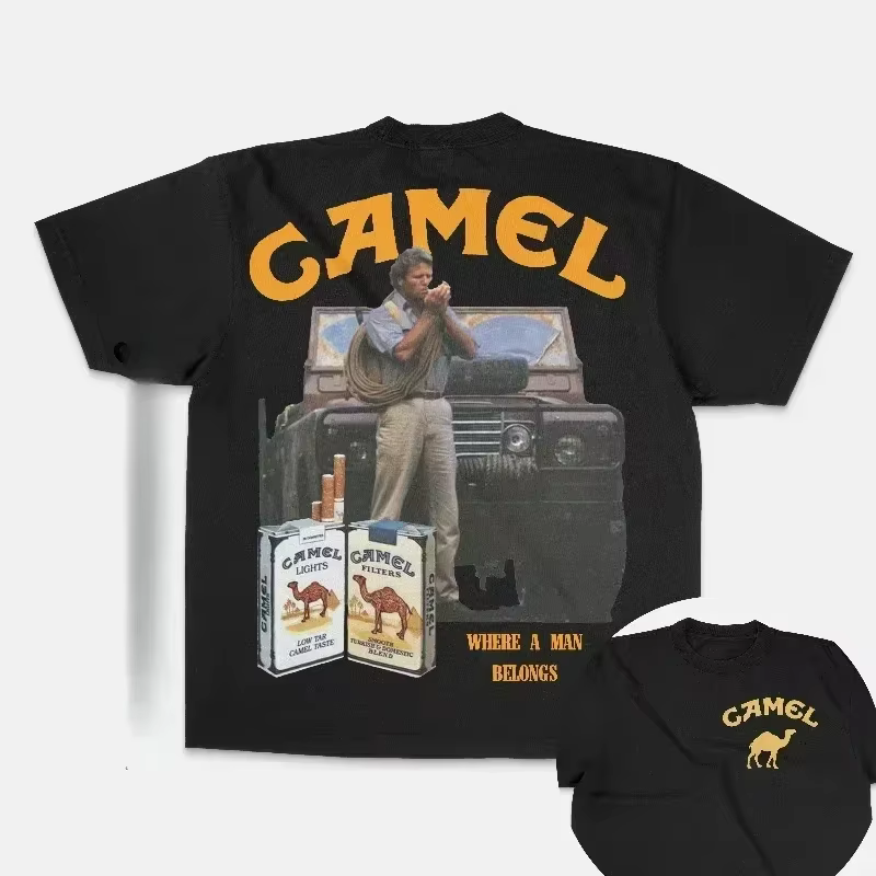 T-shirt Rétro Cigarettes Camel en Coton Vintage, Manches Courtes, Décontracté, Streetwear, Coupe Ove