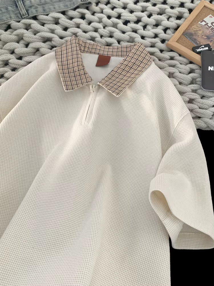 Chemises polo à col à carreaux demi-zippées rétro américaines pour hommes, t-shirts Y2K à manches co