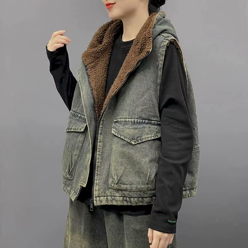 Gilets en Denim pour Femme, à Capuche, Style Coréen, Décontracté