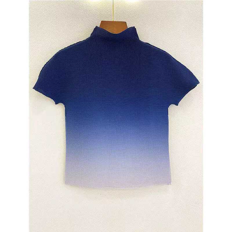 DEAT T-shirts plissés dégradés à col montant et manches courtes pour femme, style décontracté, nouve