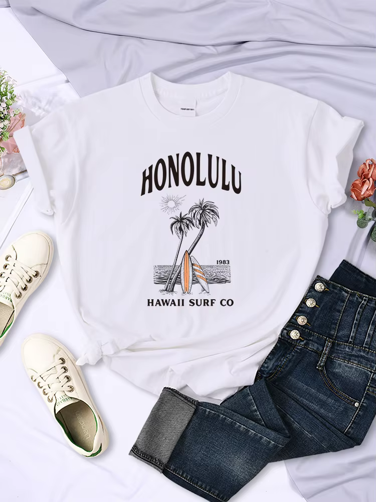 Honolulu-T-shirt manches courtes pour femme, estival et respirant, à la mode, avec imprimé hawaïen, 