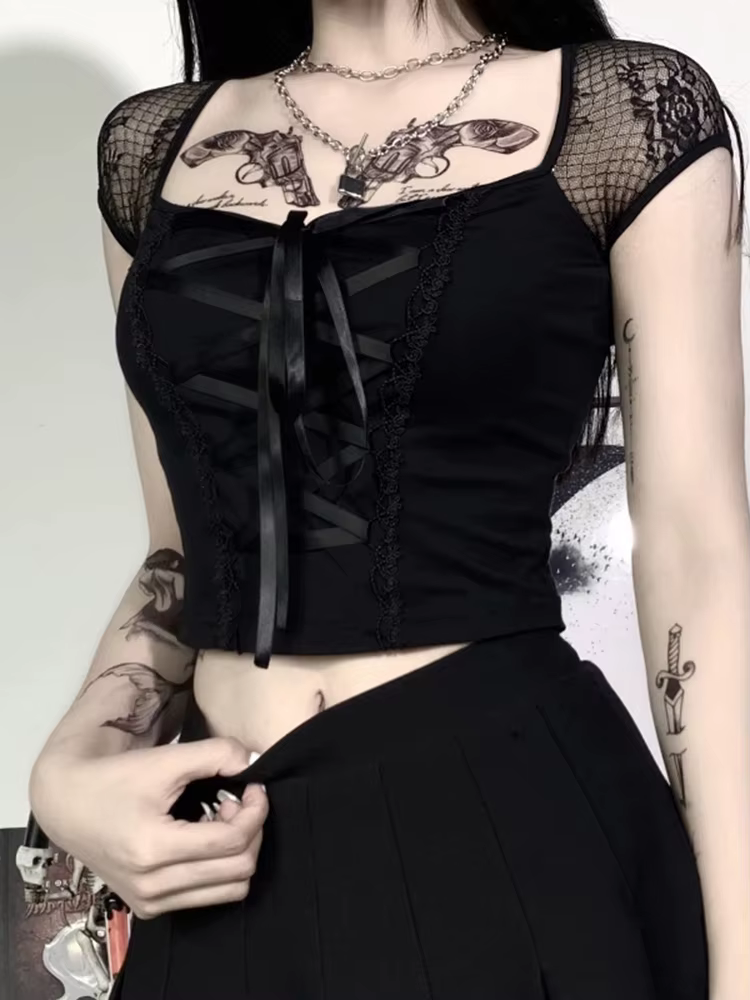 T-shirt gothique Vintage pour femmes, moulant, Bandage, dentelle, maille noire, Sexy, décontracté, g