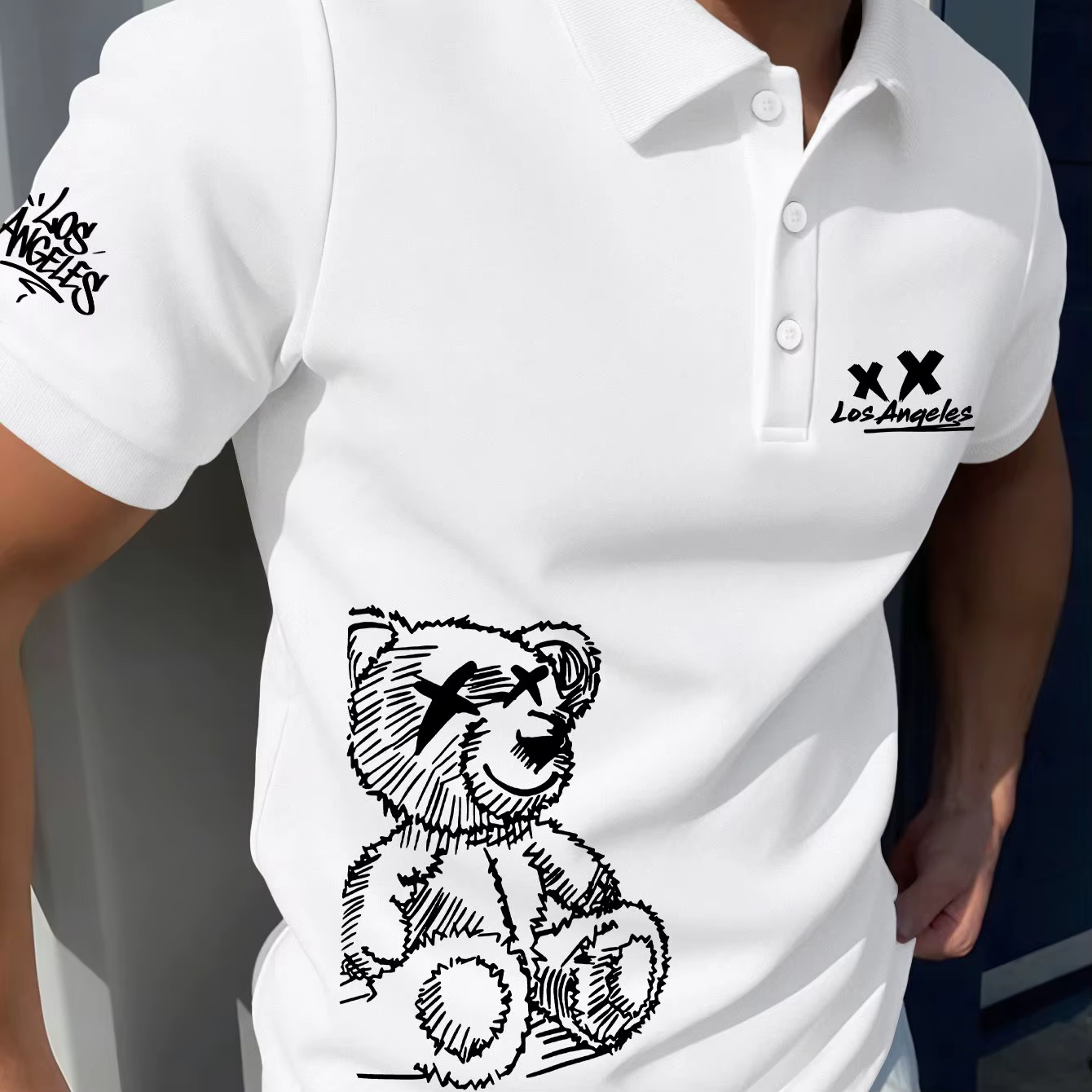 Polo décontracté pour homme à manches courtes, imprimé graffiti ours de dessin animé, tenue décontra
