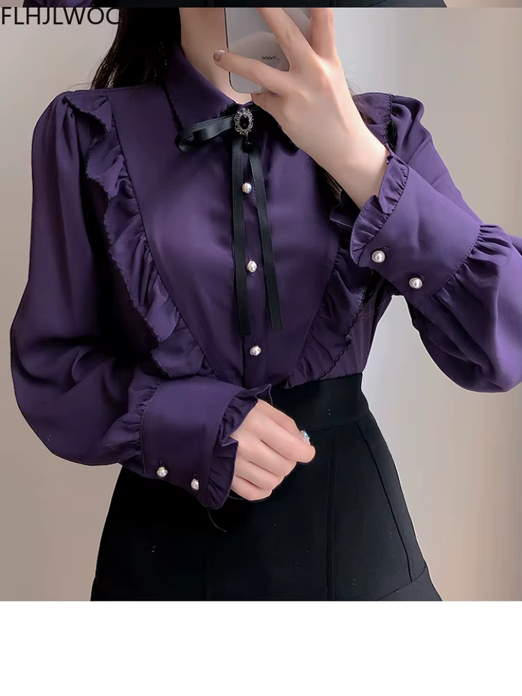 Haut vintage rétro semi-transparent pour femmes, chemises à boutons, ruban fin, mignon, doux, filles