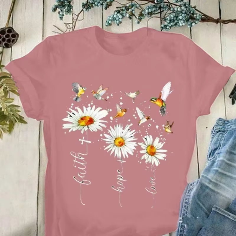 T-shirt manches courtes col rond femme, estival et estival, avec Faith Manucure Love Destroy AndrPri