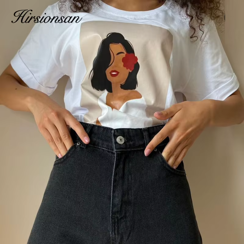Hirsionsan – t-shirt à manches courtes pour femmes, Simple, en coton doux, avec figurines esthétique