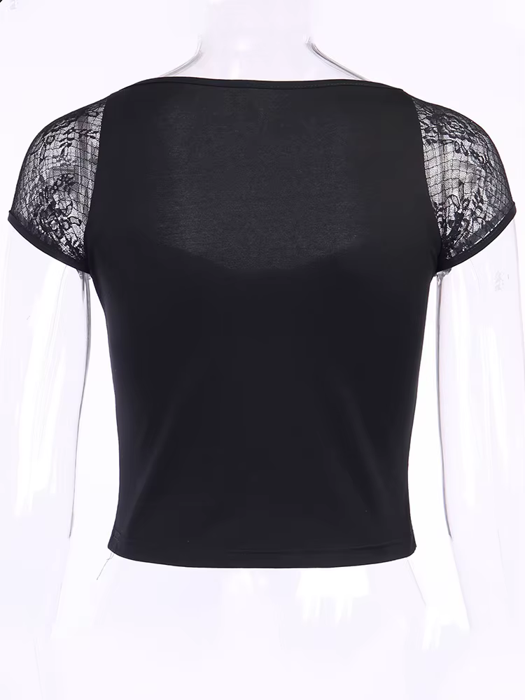 T-shirt gothique Vintage pour femmes, moulant, Bandage, dentelle, maille noire, Sexy, décontracté, g