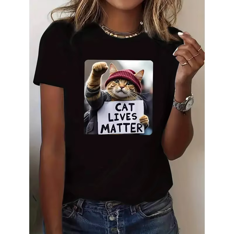T-shirt à manches courtes en coton 100% pour femme, col rond, imprimé chat, tendance décontractée, h