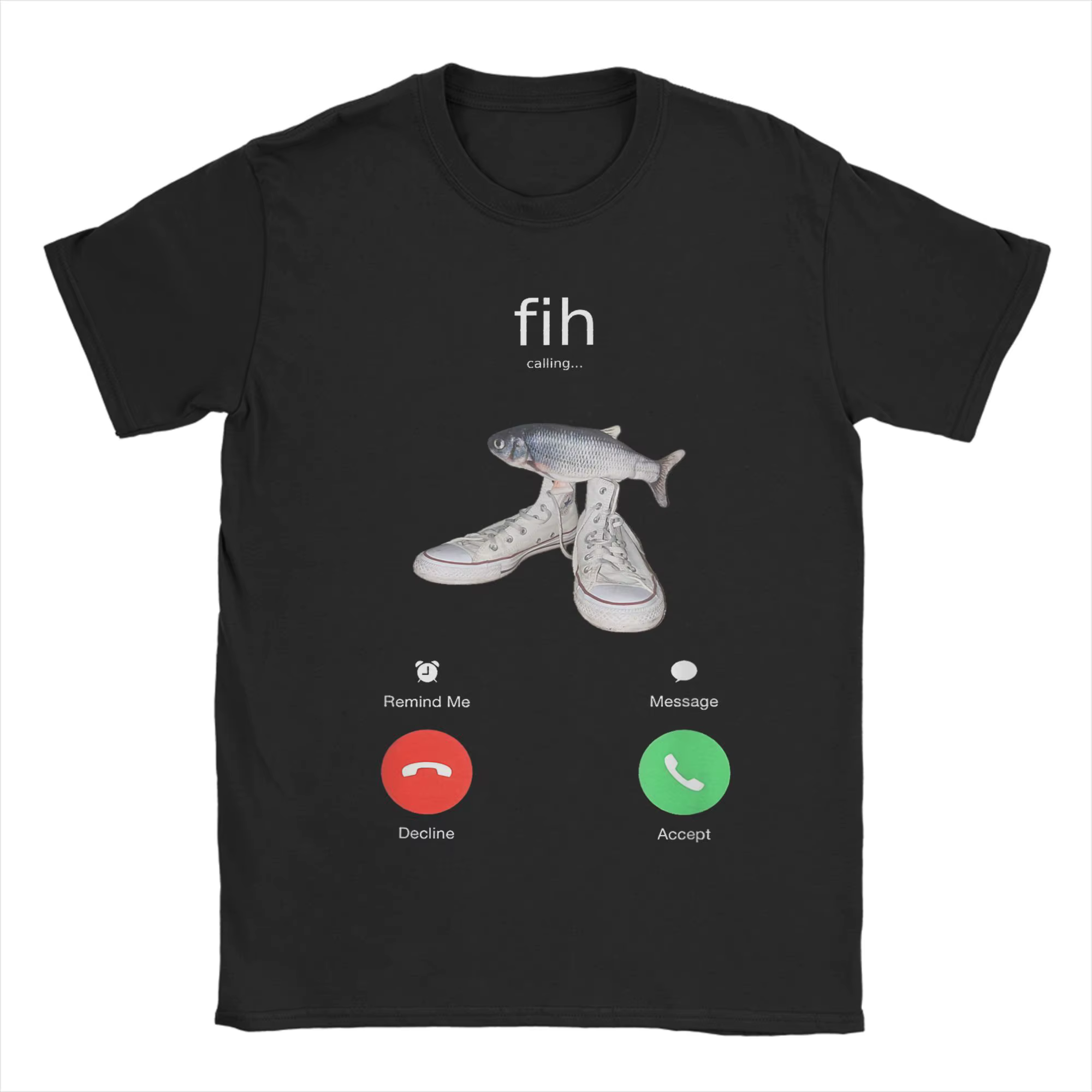 T-shirt à col rond en coton pur pour homme, à manches courtes, avec inscription « Fih Meme Fish Call