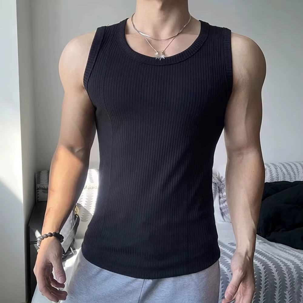 Débardeur côtelé ajusté pour homme, sans manches, élastique, pour entraînement, gilet de sport slim 