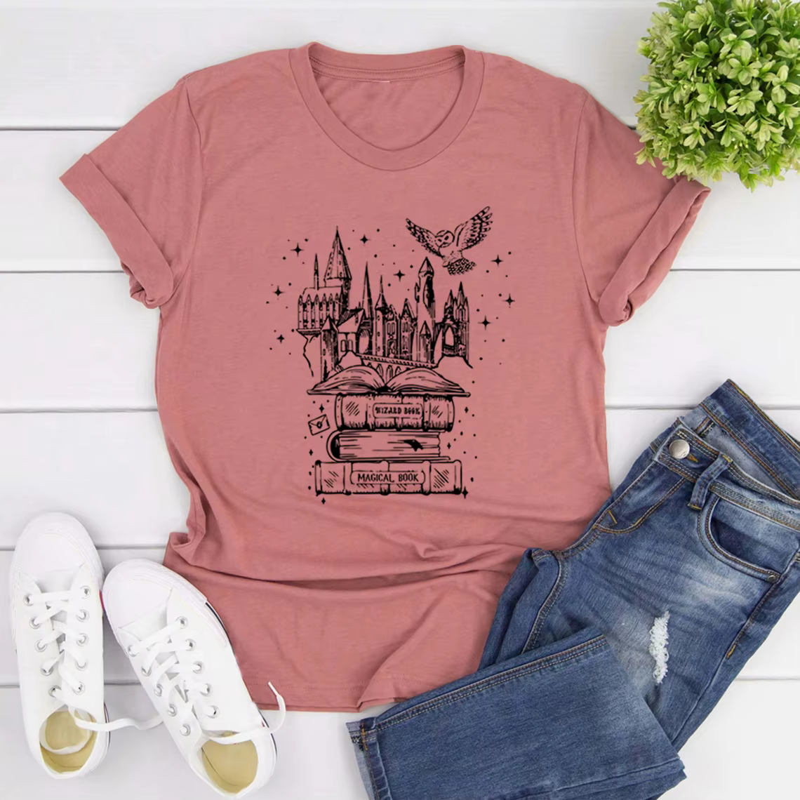 T-shirt universel unisexe à manches courtes, motif château de sorcier et livre magique, style vintag