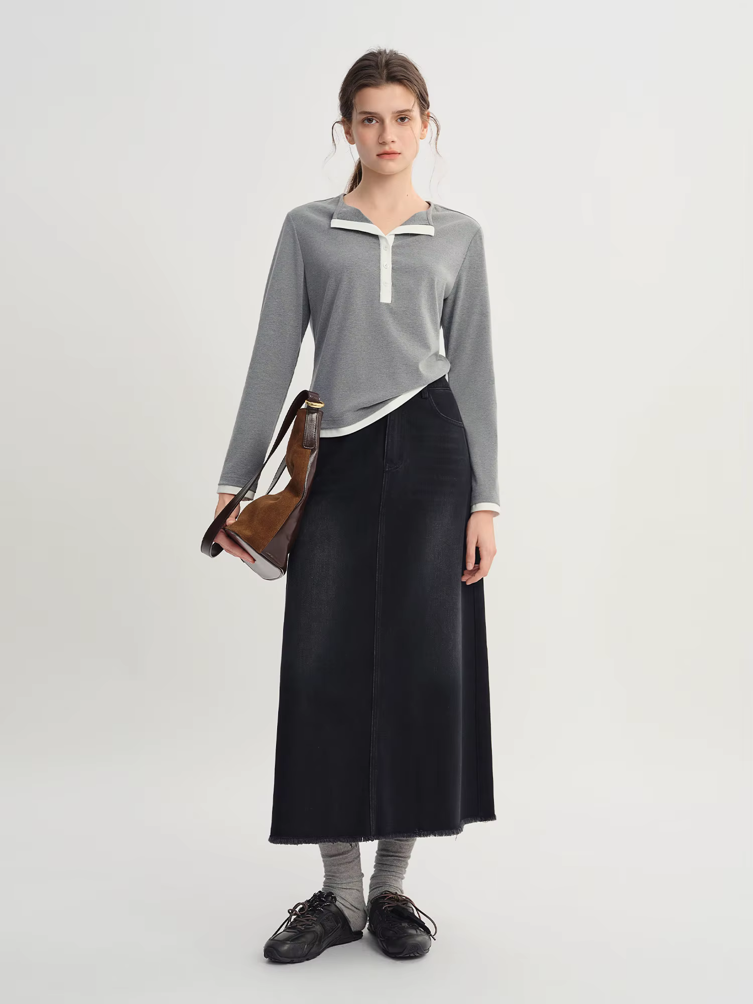DUSHU automne 2025 T-Shirt à manches longues pour femmes-haut à col Henley à blocs de couleurs contr