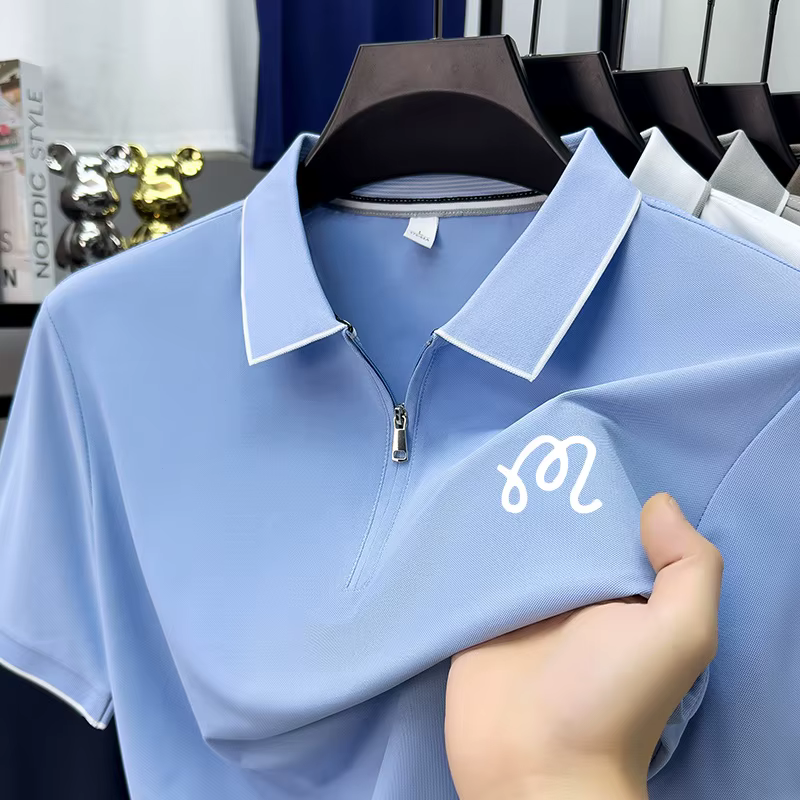 Polo Homme de Luxe à Demi-Zip Imprimé Original, T-shirt d'Été à Manches Courtes et Col Revers Couleu