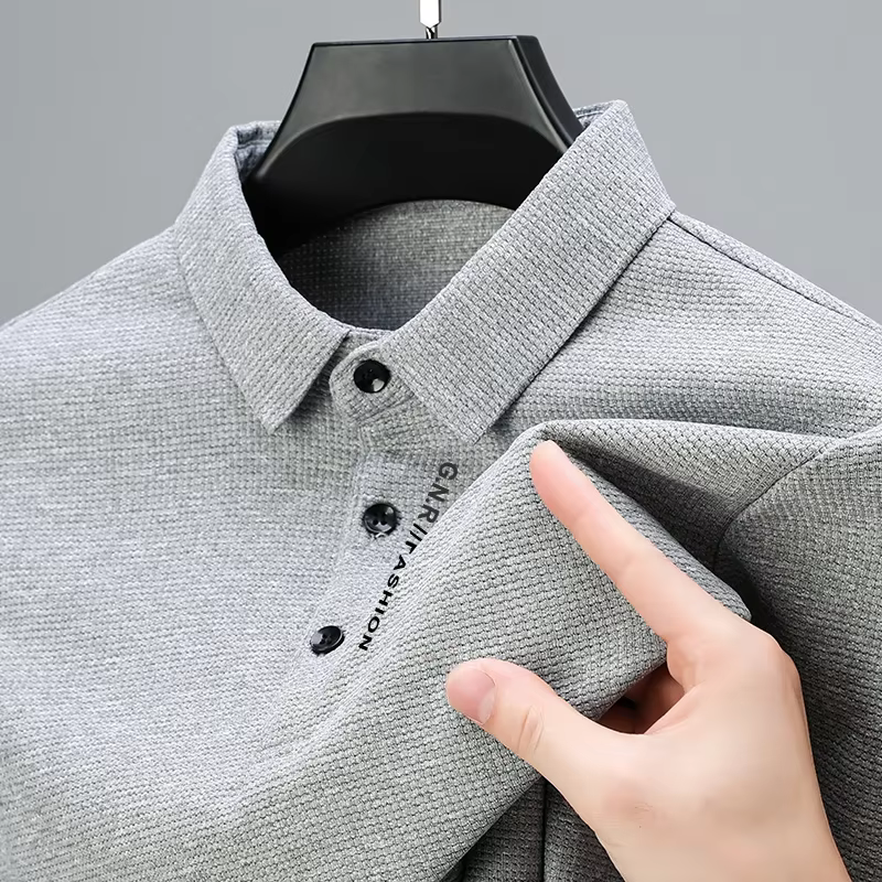 POLO gaufré à manches longues pour hommes avec lettre imprimée revers haut décontracté