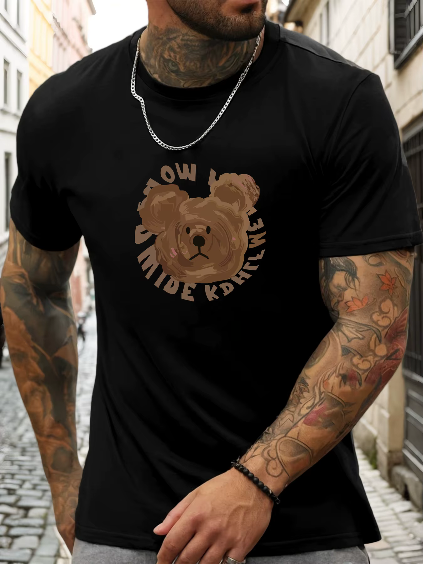 2025 hommes à la mode mignon ours brun graphique T-Shirt blanc décontracté confortable doux coton mi