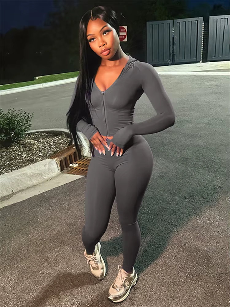 Nibber Sportif Casual 2 Pièce Ensemble Femmes Survêtement À Capuchon Zip Crop Tops + Leggings Fitnes