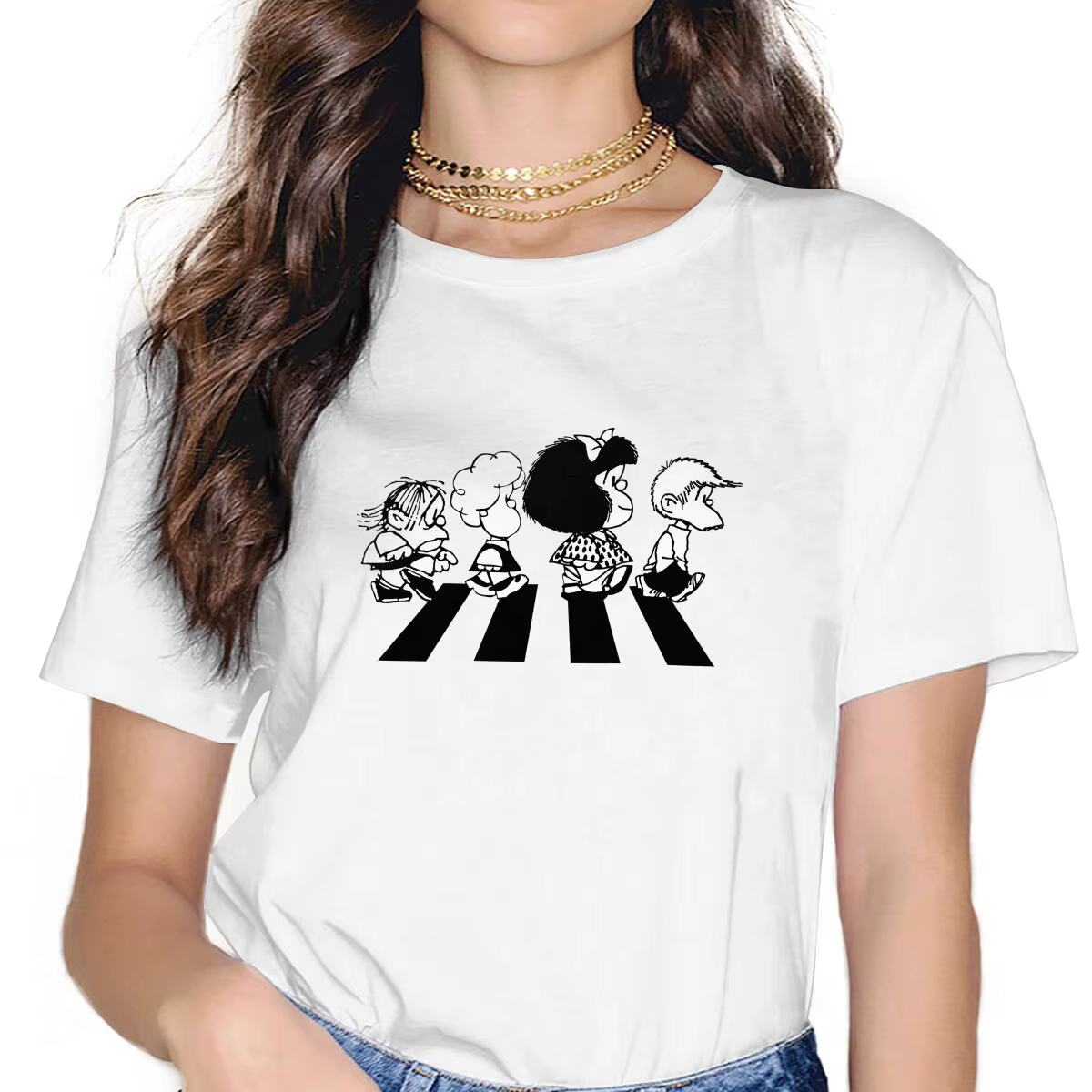 T-shirt Mafalda à col rond pour femmes et filles, t-shirts graphiques de dessin animé, polyester, ca