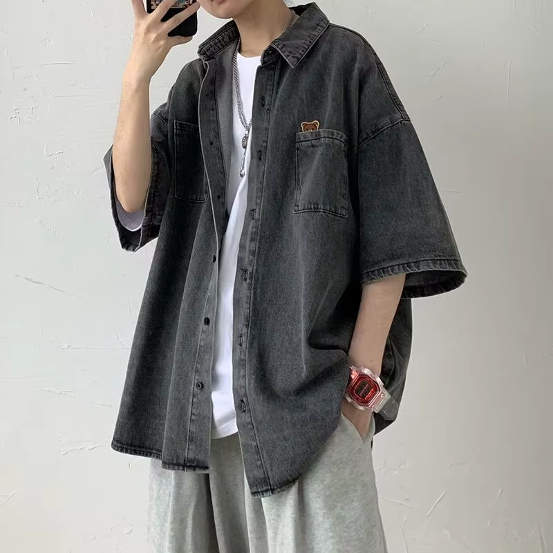 Chemise d'été en jean à manches courtes pour homme, broderie rétro, style coréen populaire, vêtement