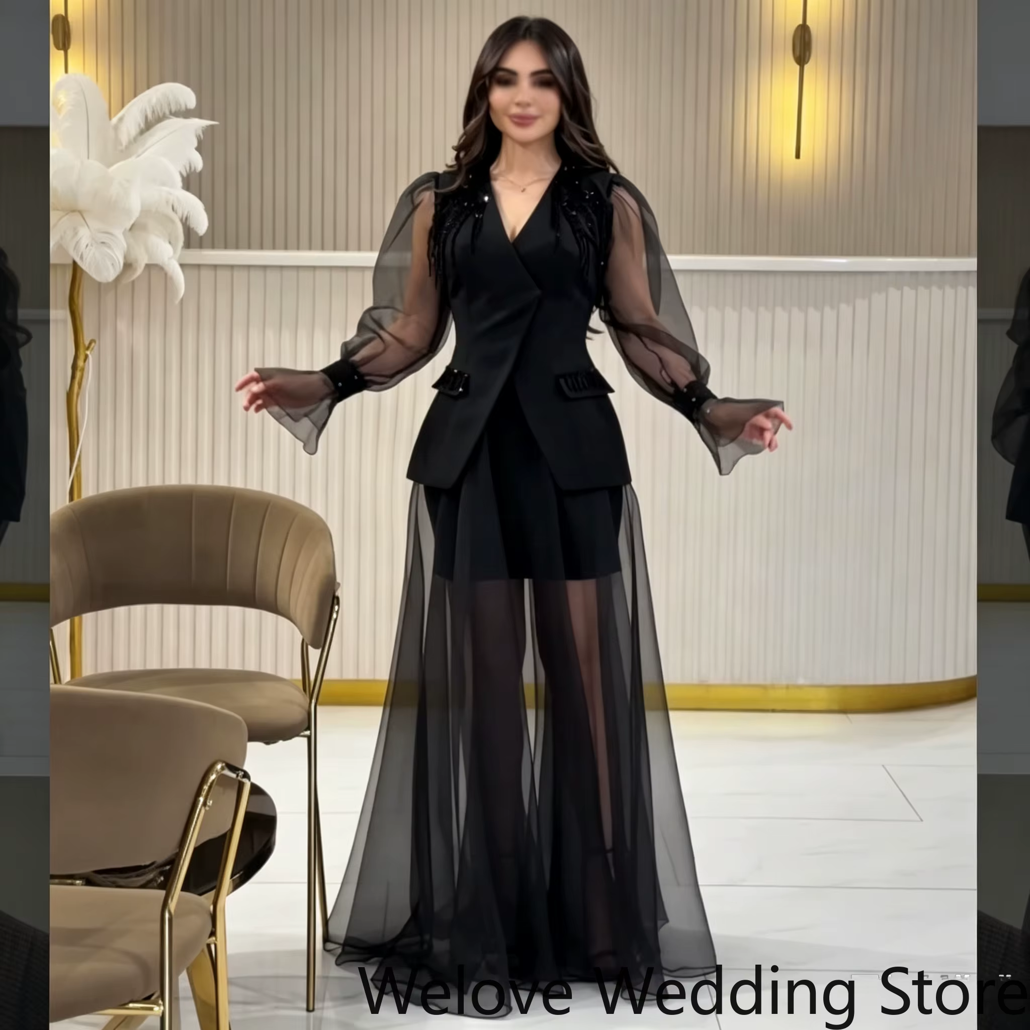 Robe de soirée noire pour femmes, col en V, manches longues bouffantes en tulle, ornée de perles aux