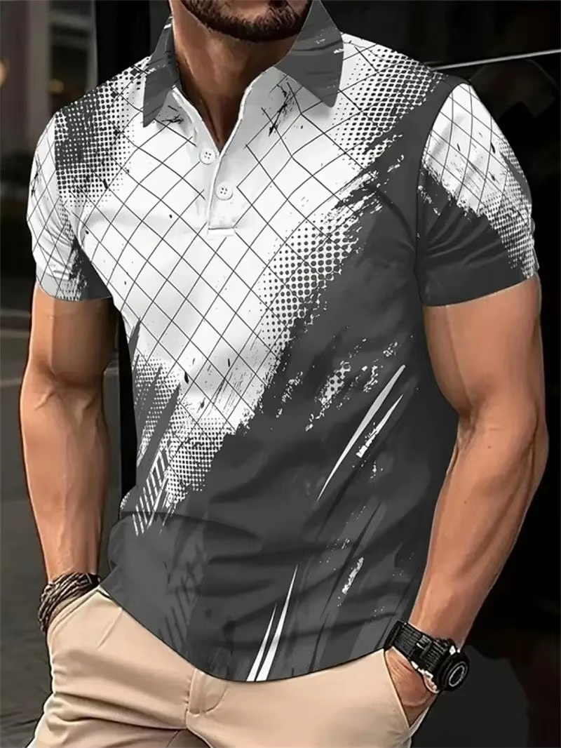 Polo homme à motif irrégulier tendance, imprimé 3D, manches courtes, style décontracté, idéal pour l