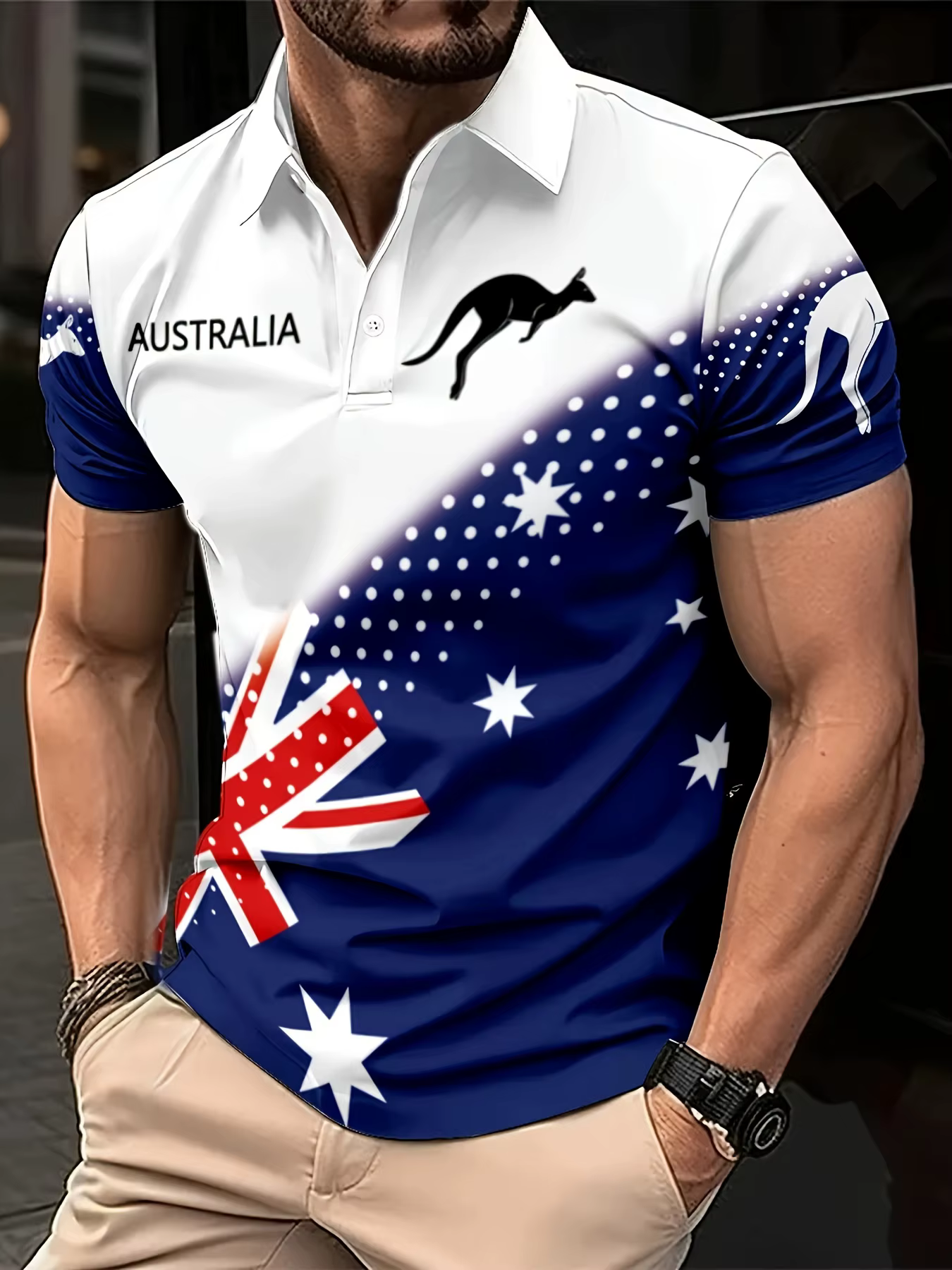 Polo à manches courtes décontracté et confortable pour hommes, imprimé drapeau australien kangourou