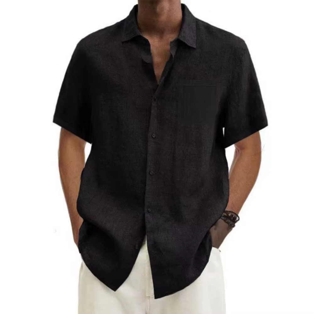 Chemises à manches courtes pour hommes, en coton et lin, couleur unie, col rabattu, décontracté, Sty