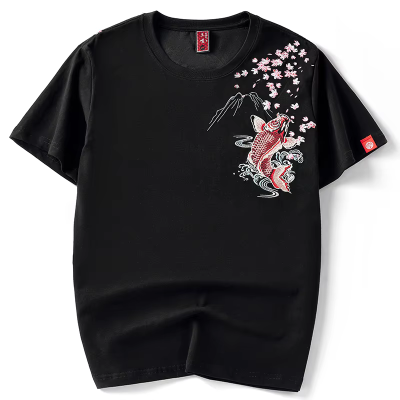 T-shirt manches courtes homme, streetwear, estival et vintage, avec brocart chinois et carpe, Haraju