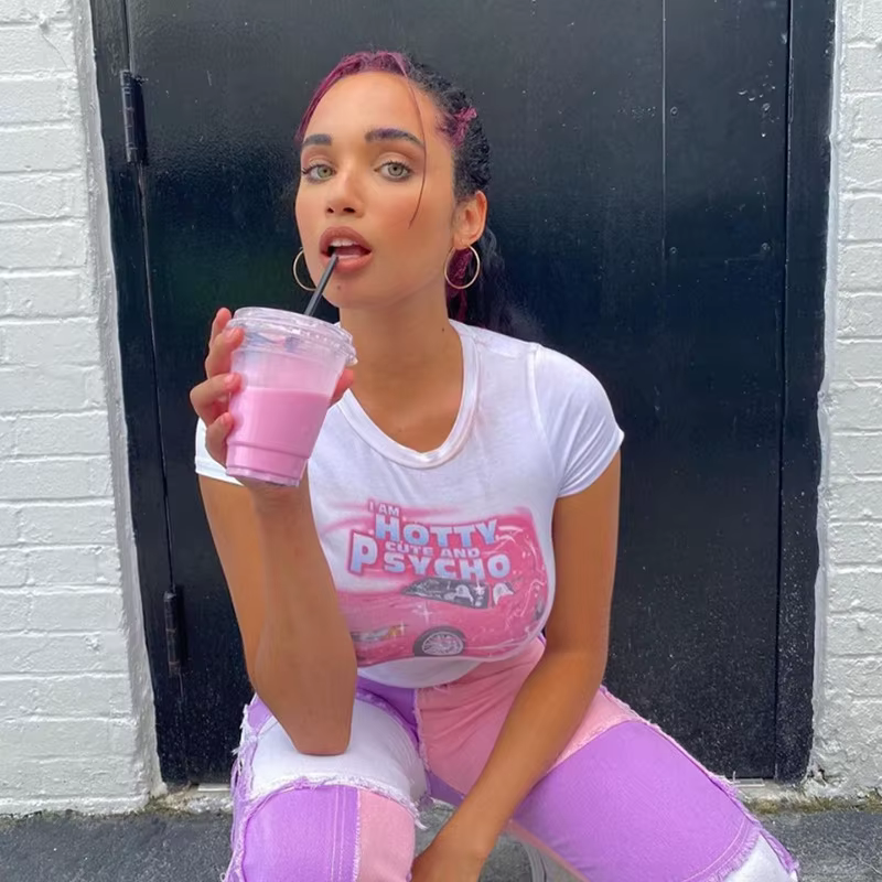 T-shirt manches courtes col rond femme, streetwear, blanc, skinny, imprimé mignon et psycho, Y2k, Ha
