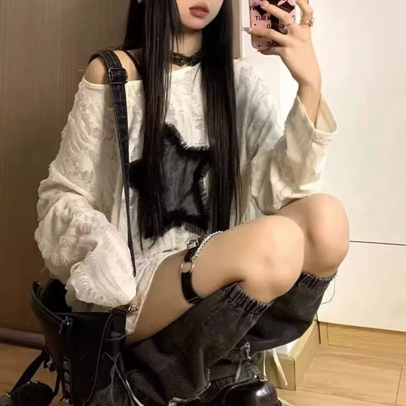 Y2K trou étoile imprimé T-Shirt femmes mode Streetwear épaules nues hauts été surdimensionné Kpop à 