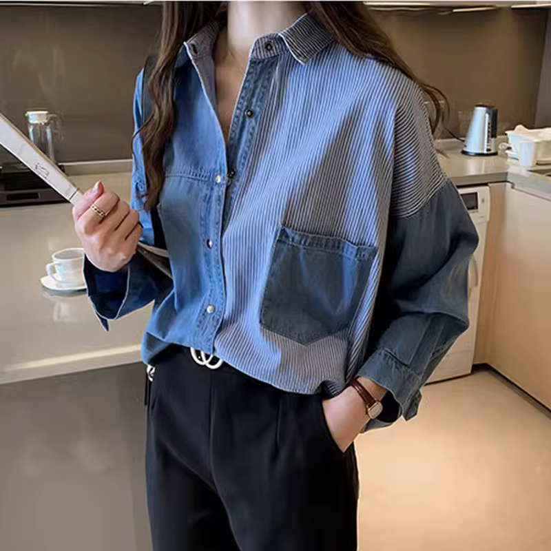 Chemise en jean à manches longues pour femmes, chemisier ample en coton, col rabattu, hauts bleu fon