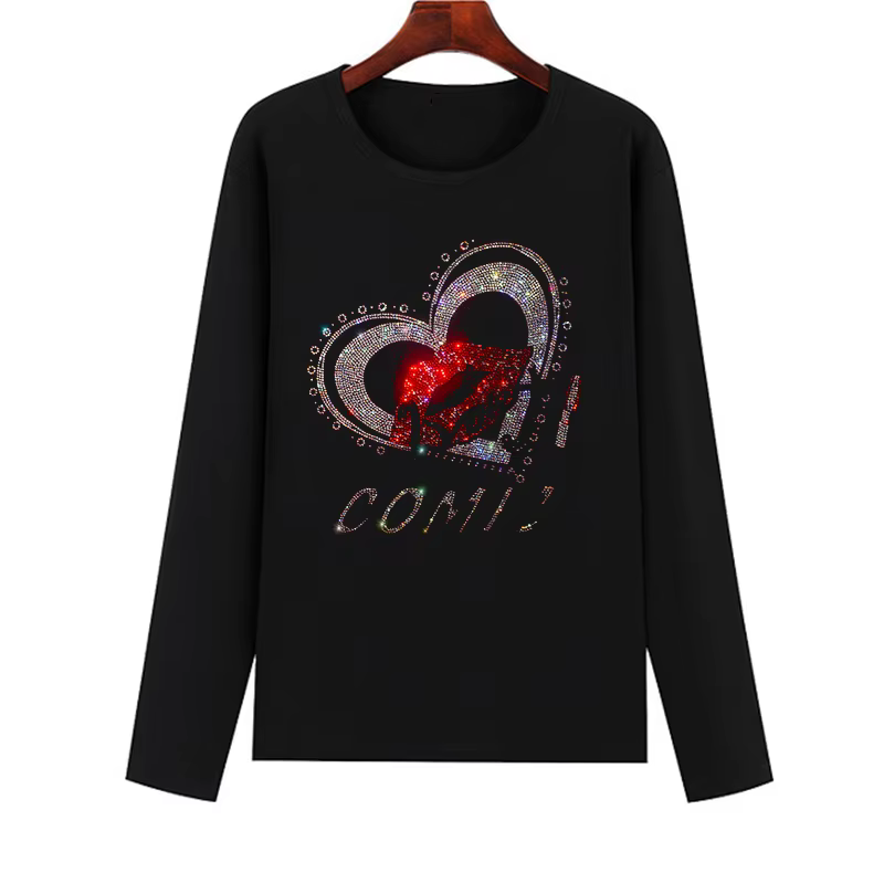 T-shirt à manches longues pour femmes, en coton doux, à la mode, avec motif de lèvres rouges et de b