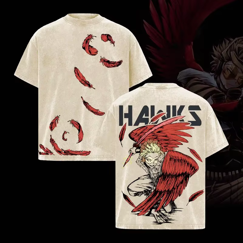 T-shirt Anime My Hero Academia Hawks, T-shirt surdimensionné lavé, vêtements pour hommes et femmes, 