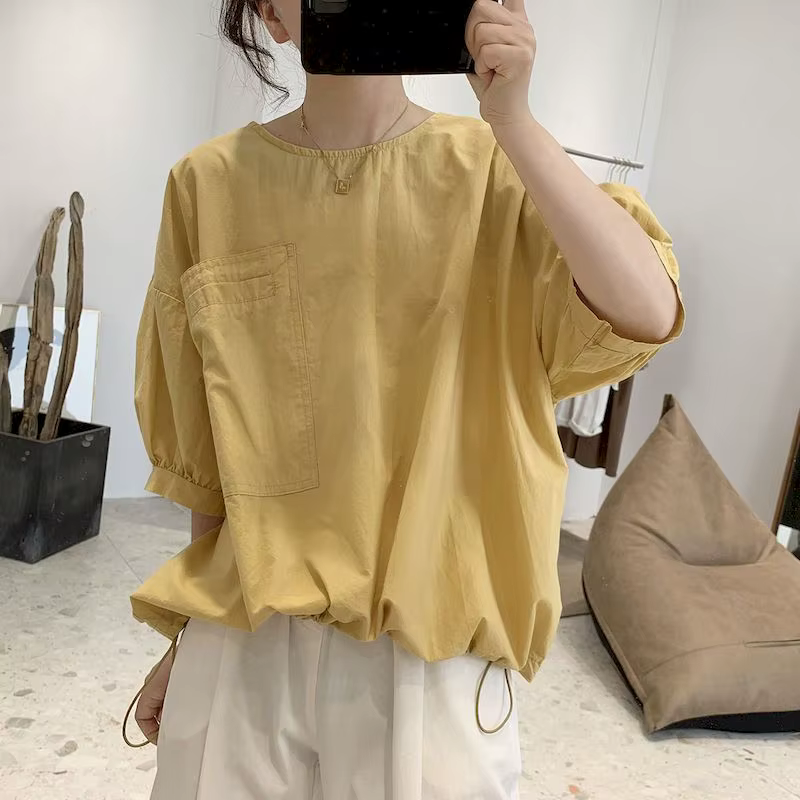 T-shirt manches mi-longues pour femmes, 100% coton, grande poche, Design de Niche, décontracté, ampl