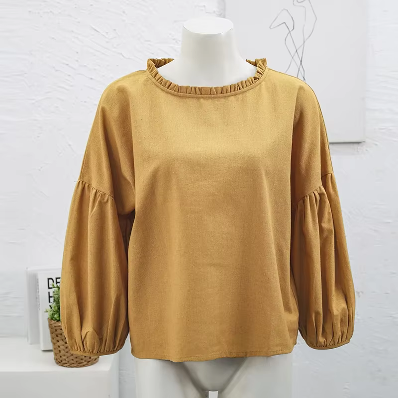 T-Shirt en Lin Rétro pour Femme, Décontracté, Col Rond, à Volants, Manches sulf, Printemps Automne