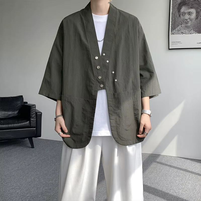Chemise kimono pour homme, couleur unie, manches courtes, respirante, décontractée, coupe ample, ten